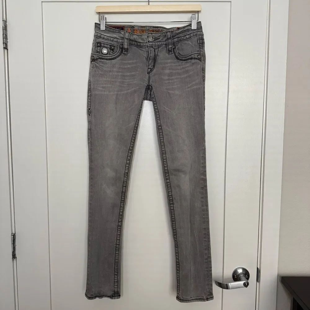 Rock Revival Celine Skinny Jeans Women 28 Gray Low Rise Embellished Denim Grunge